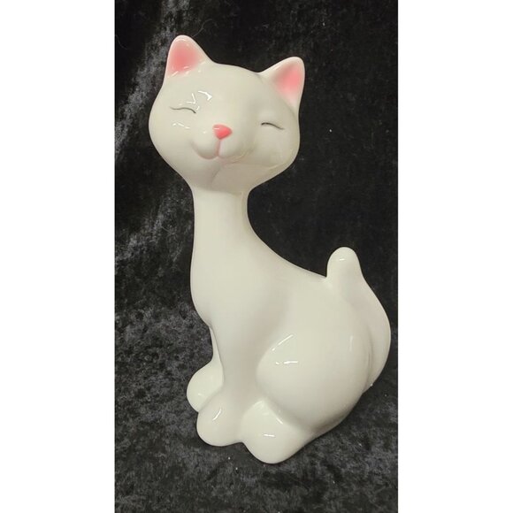 2 Ceramic LED Light-Up Cat 10" & 7" Figurines White Pink Details - Picture 4 of 7